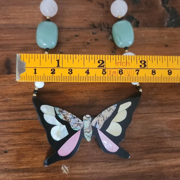Lee Sands Vintage Inlay Elegant Butterfly Necklace with Pink and Green Accents - Picture 8 of 10